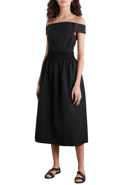 Three Graces London Portia Off-the-shoulder Shirred Cotton-poplin Midi Dress In Black