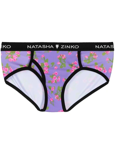 Natasha Zinko Logo Band Floral Print Briefs In Purple