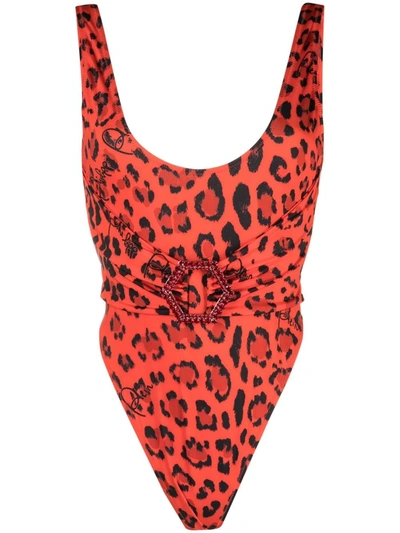 Philipp Plein Leopard-print Swimsuit In Red