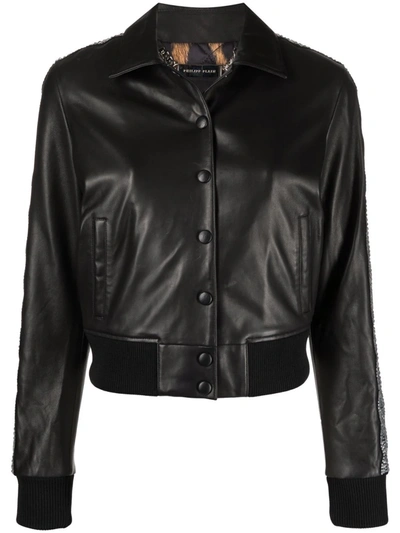 Philipp Plein Crystal-embellished Leather Jacket In Schwarz