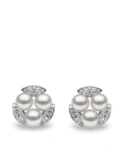 Yoko London 18kt White Gold Diamond Akoya Pearl Sleek Stud Earrings In Silber