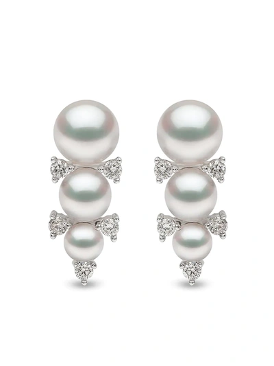 Yoko London 18kt White Gold Sleek Akoya Pearl And Diamond Stud Earrings In Silber