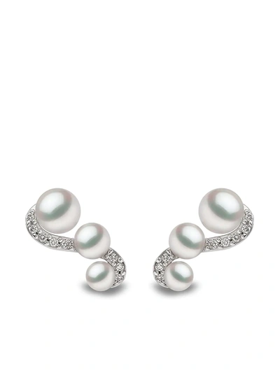 Yoko London 18kt White Gold Diamond Akoya Pearl Sleek Stud Earrings In Silber