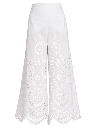 Valentino Broderie Anglaise Cotton-poplin Wide-leg Pants In Optic White