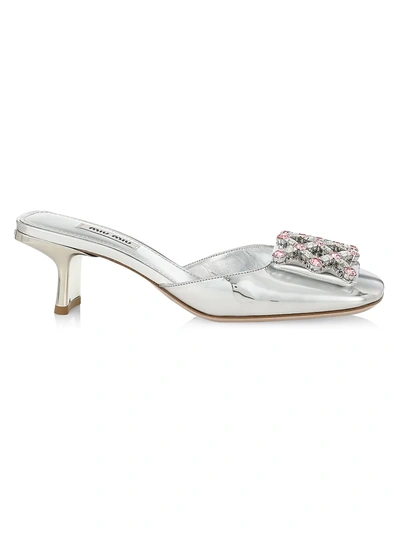 Miu Miu Crystal Metallic Mule Sandals In Argento