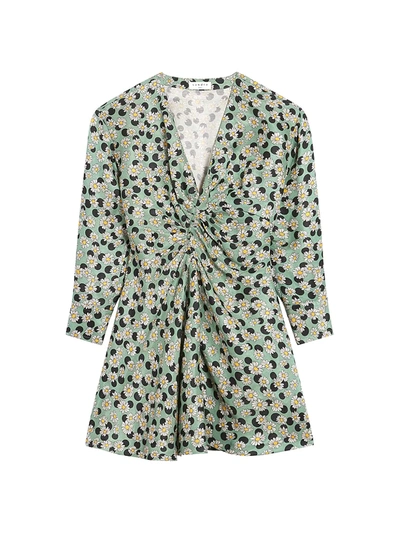 Sandro Angele Ruched Printed Linen-blend Mini Dress In Light Green