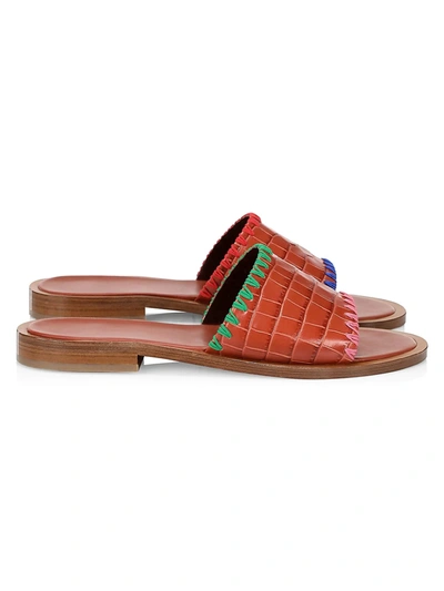 Staud Genie Mismatched Croc-embossed Leather Slides In Brown