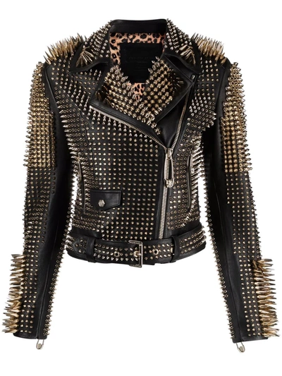 Philipp Plein Studded Leather Biker Jacket In Black