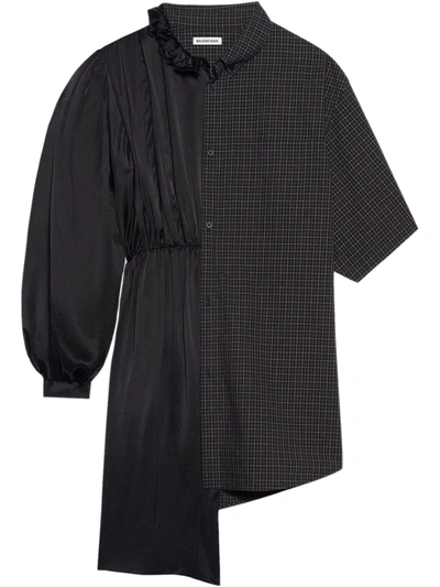 Balenciaga Mixed-media Plaid And Silk Belted Shirtdress In Blue