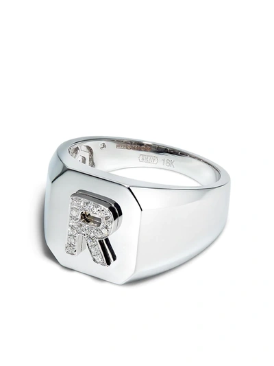 Shay 18k White Gold R Initial Diamond Ring In Silver