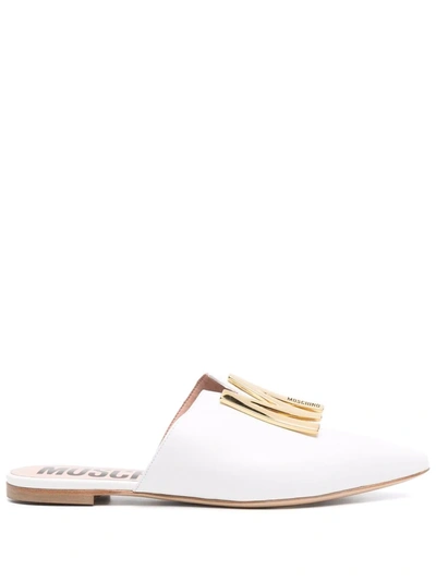Moschino Logo Monogram Leather Flat Mule In Weiss