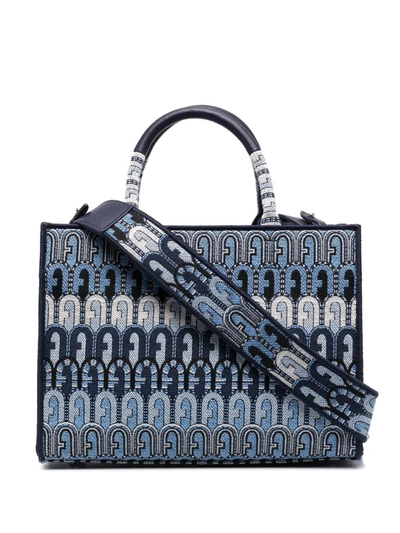 Furla Toni Antracite Jacquard-embossed Tote Bag In Blue