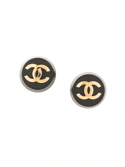 Pre-owned Chanel 1990s Cc Button Earrings In Black