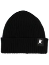 Golden Goose Mans Ribbed Black Wool Hat With Logo In Schwarz