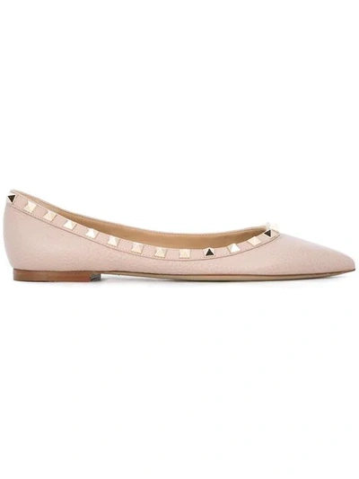 Valentino Garavani Valentino Pointed Toe Flat Shoes With Gold-tone Rockstuds In Pink