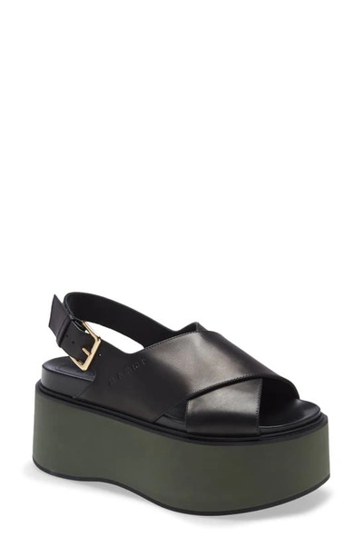 Marni 60mm Fussbett Leather Wedge Sandals In Black