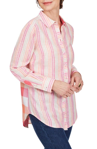 Foxcroft Havana Stripe & Check Non-iron Linen Shirt In Cabana Pink
