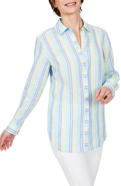 Foxcroft Havana Stripe & Check Non-iron Linen Shirt In Island Sky