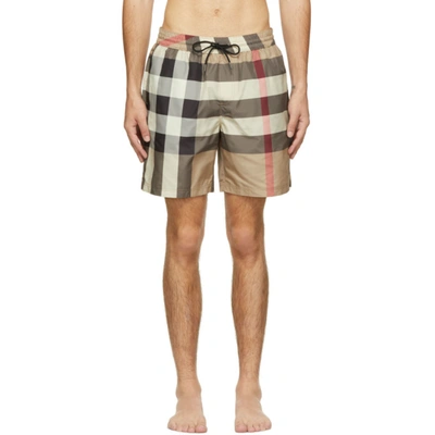 Burberry Check Drawcord Swim Shorts In Beige