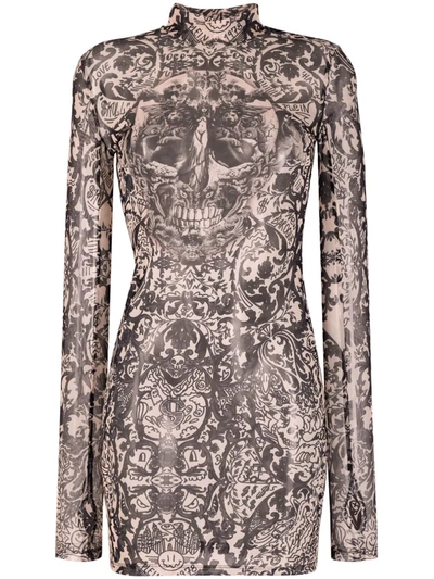 Philipp Plein New Baroque Printed Tulle Mini Dress In Nude