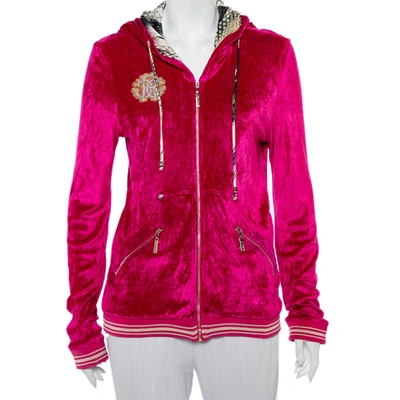 Pre-owned Roberto Cavalli Pink Velour Hooded Zip Front Jacket L