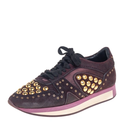Pre-owned Burberry Burgundy Suede And Satin Studded Low Top Trainers Size 38