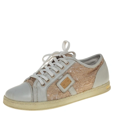 Pre-owned Dolce & Gabbana Dolce &gabbana White/brown Leather Sequin Embellished Sneakers Size 34