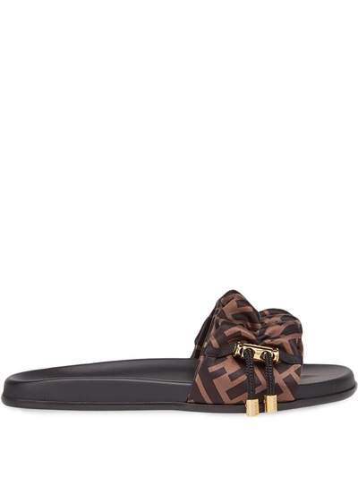 Fendi Black Brown Ff Vertigo Satin Slides In Brown Black