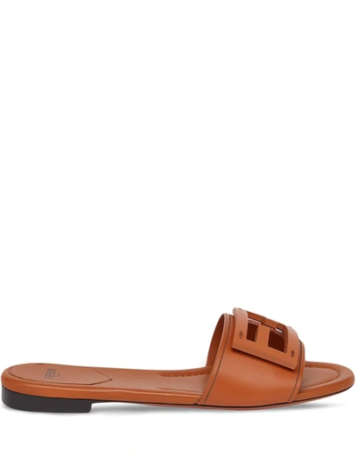 Fendi Logo Leather Slide Sandals In Brown