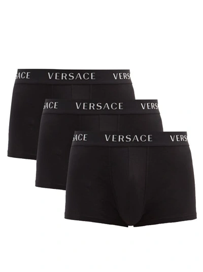 Versace Branded-waistband Pack Of Three Stretch-cotton Trunks In Black