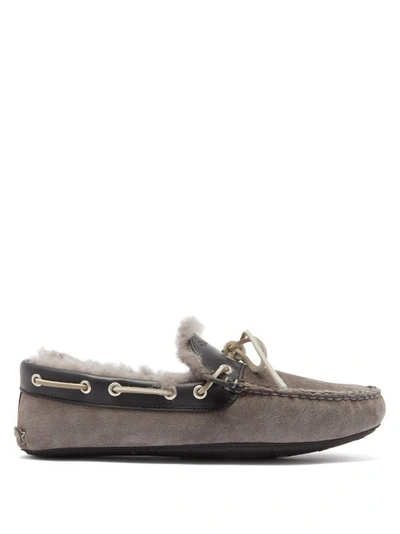 Quoddy Fireside Shearling-lined Leather-trimmed Suede Slippers In Green