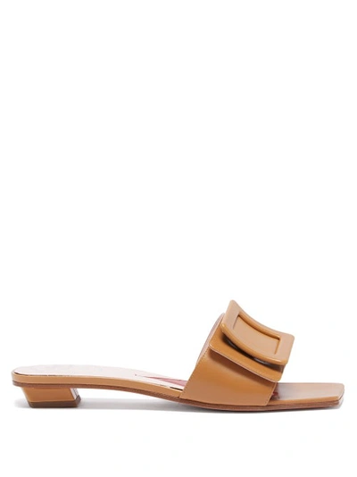 Roger Vivier 15mm Covered Buckle Leather Mules In Brown