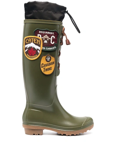 Dsquared2 Green Rubber Rain Boots With Patch In Military Green