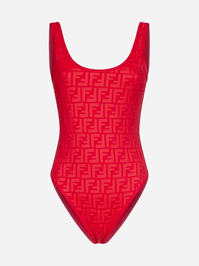 Fendi Ff Logo Print One-piece Swimsuit Red