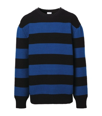 Burberry Rib Knit Striped Technical Cotton Blend Sweater In Midnight Navy