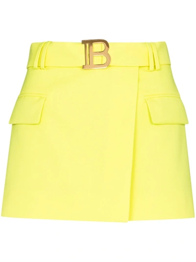 Balmain Short Belted Grain De Poudre Skirt In Yellow