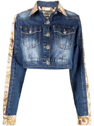 Philipp Plein Baroque-print Cropped Denim Jacket In Blau