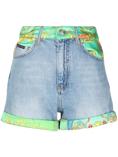 Philipp Plein New Baroque-print Panelled Denim Shorts In Blau