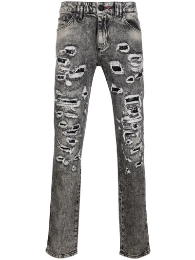 Philipp Plein Distressed Slim-cut Jeans In Grau