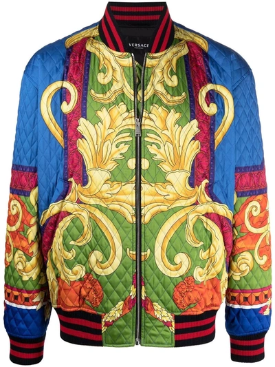 Versace Mens Baroque-print Quilted Bomber Jacket, Brand Size 50 (us Size 40) In Blue