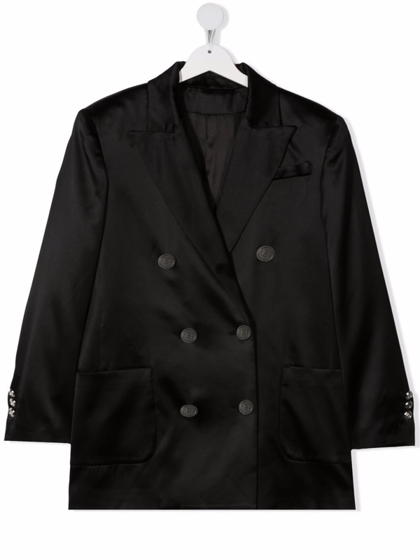 Balmain Kids logo-stripe double-breasted blazer - Blue