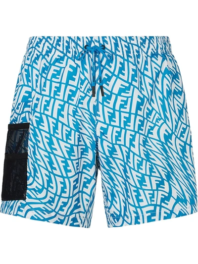 Fendi Mens Rondo+natural Onix Relaxed-fit Brand-print Swim Shorts 36 In Blue