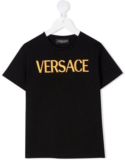 Versace Kids' Embossed Embroidered Logo T-shirt In Black
