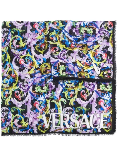 Versace Graphic-print Fringed-edge Silk Scarf In Black