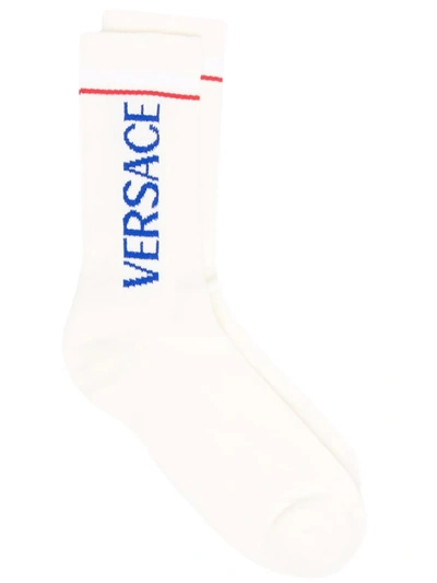Versace Logo-intarsia Ribbed Socks In Neutrals