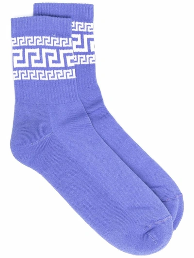 Versace Greca Ribbed Socks In Blue