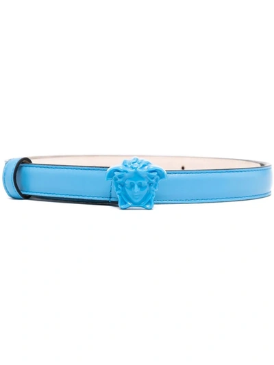 Versace Medusa Head Leather Belt In Baby Blue/gold