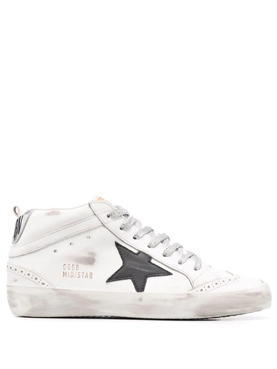 Golden Goose Mid Star Leather Wing-tip Sneakers In White_black_silver