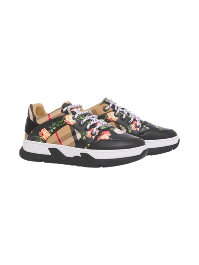 Burberry Kid's Brockton Vintage Check & Floral-print Trainers, Toddler/kids In Black