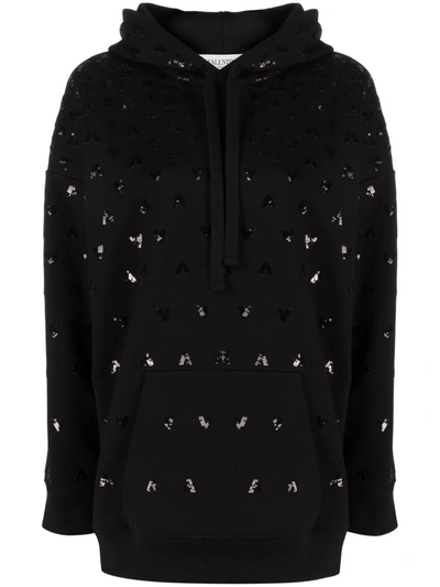 Valentino Sequin-logo Detail Hoodie In Schwarz